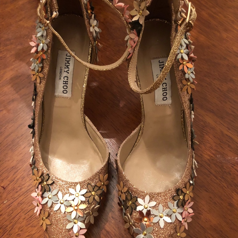 Brand new Jimmy Choo gold glitter flower appliqué.